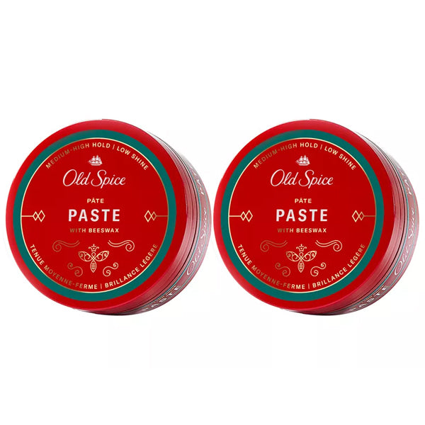 Two red tins of Old Spice Medium Hold Low Shine Hair Styling Paste for Men, 2 Pack (2.22 oz each), are displayed side by side on a white background—ideal for achieving barbershop-quality results at home.